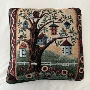 Double Sided Tapestry Throw Pillow Birdhouses Tree Sunflower
